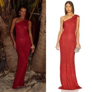 NWT Runaway the Label Maxi Red Metallic Knit One Shoulder Rosette Silvia M